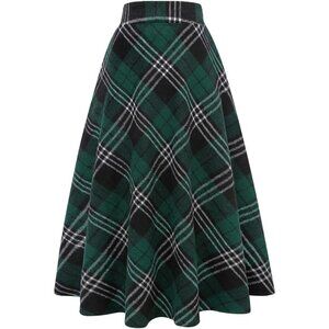 Womens Long Green 711 Elastic Waist A-Line Pleated Tartan Long Plaid Wool Skirts